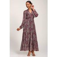 Jolie Moi Women's Long Sleeve Paisley Chiffon Maxi Dress in Burgundy | Size: 12