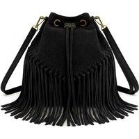 Kitise Women's Drawstring Closure Soft Real Suede Leather Boho Fringe Bucket Bag in Black