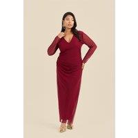 FASHION-SZN Women's Plus Size Plunge Mesh Ruched Side Burgundy Midaxi Dress in Dark Red | Size: 16