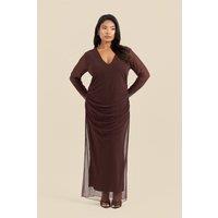 FASHION-SZN Women's Plus Size Plunge Ruched Mesh Chocolate Midaxi Dress in Brown | Size: 20