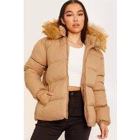 STYLEWISE Women's Faux Fur Trim Hood - Padded - Puffer Jacket in Stone | Size: XS