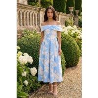 Roman Women's Floral Bardot Premium Stretch Midi Dress in Light Blue | Size: 18