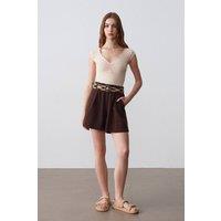 Dilvin Women's High-Waist Wide-Leg Poplin Shorts With Belt in Brown | Size: Medium