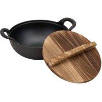 Living and Home Cast Iron Wok with Dual Handles and Wooden Lid in Black | Size: Small