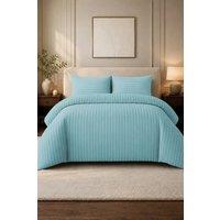 Pamposh Seak Green Embossed Stripes Duvet Cover Set Reversible Bedding Sets in Aqua | Size: Super King