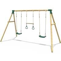 OutdoorToys Kids Wooden Garden Swing Set with 2 Swings & Trapeze Bar - Comet Green