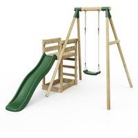OutdoorToys Wooden Garden Swing Set plus Deck & Slide for Kids - Solar Green