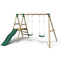 OutdoorToys Gemini Wooden Garden Swing Set with 2 Swings, Platform & Slide for Kids - Green