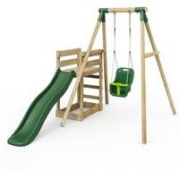 OutdoorToys Wooden Garden Swing Set plus Deck & Slide for Kids - Pluto Green