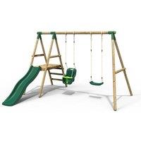 OutdoorToys Odyssey Wooden Garden Swing Set with Standard Seat, Baby Seat, Platform & Slide for Kids - Green