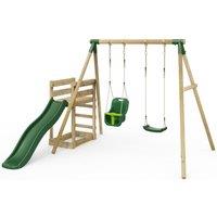 OutdoorToys Wooden Garden Swing Set plus Deck & Slide for Kids - Luna Green