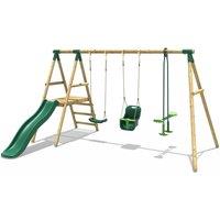 OutdoorToys Voyager Wooden Garden Swing Set with Standard Seat, Baby Seat, Glider, Platform & Slide for Kids - Green