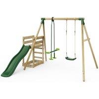 OutdoorToys Wooden Garden Swing Set plus Deck & Slide for Kids - Star Green