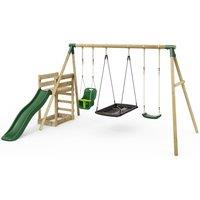 OutdoorToys Wooden Garden Swing Set plus Deck & Slide for Kids - Halley Green