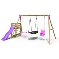 OutdoorToys Wooden Garden Swing Set plus Deck & Slide for Kids - Halley Pink