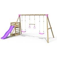 OutdoorToys Wooden Garden Swing Set plus Deck & Slide for Kids - Comet Pink