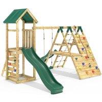 OutdoorToys Wooden Garden Climbing Frame with Swings, 6+8FT Slides & Climbing Wall for Kids - Alverstone in Green