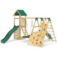 OutdoorToys Wooden Garden Climbing Frame with Swings, 6+8FT Slides & Climbing Wall for Kids - Crestone in Green