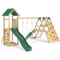 OutdoorToys Wooden Garden Climbing Frame with Swings, 6+8FT Slides & Climbing Wall for Kids - Hayes in Green