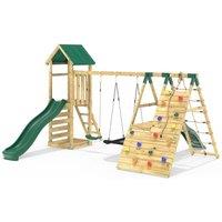 OutdoorToys Wooden Garden Climbing Frame with Swings, 6+8FT Slides & Climbing Wall for Kids - San Luis in Green