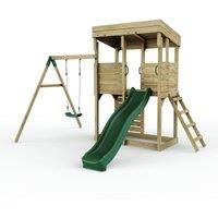 OutdoorToys XL Garden Lookout Tower Playhouse with Single Swing & Slide for Kids in Brown
