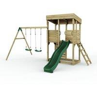 OutdoorToys XL Garden Lookout Tower Playhouse with Double Swing & Slide for Kids in Brown