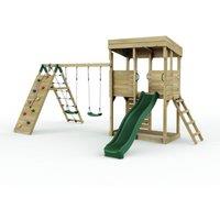 OutdoorToys XL Garden Lookout Tower Playhouse with Double Swing & Climbing Wall plus Slide for Kids in Brown
