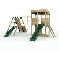 OutdoorToys XL Garden Lookout Tower Playhouse with Single Swing & Climbing Wall plus Slides for Kids in Brown
