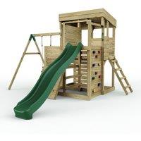 OutdoorToys 2 Tier XL Garden Lookout Tower Playhouse with Single Swing & Slide for Kids in Brown