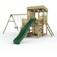 OutdoorToys 2 Tier XL Garden Lookout Tower Playhouse with Double Swing & Slide for Kids in Brown