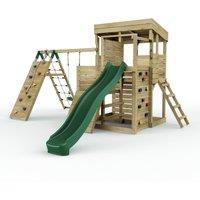 OutdoorToys 2 Tier XL Garden Lookout Tower Playhouse with Single Swing & Climbing Wall plus Slide for Kids in Brown