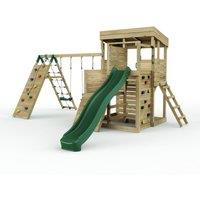 OutdoorToys 2 Tier XL Garden Lookout Tower Playhouse with Double Swing & Climbing Wall plus Slide for Kids in Brown
