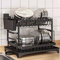VOGREX Black 2-Tier Sink Dish Drying Rack &Drip Tray & Cutlery Holder