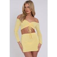 STYLEWISE Women's Ruched Bardot - Slinky Crop Top & Mini Skirt Co-ord in Yellow | Size: 8