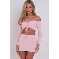 STYLEWISE Women's Ruched Bardot - Slinky Crop Top & Mini Skirt Co-ord in Pink | Size: 8