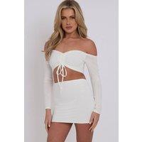 STYLEWISE Women's Ruched Bardot - Slinky Crop Top & Mini Skirt Co-ord in Cream | Size: 8