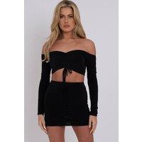 STYLEWISE Women's Ruched Bardot - Slinky Crop Top & Mini Skirt Co-ord in Black | Size: 8