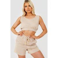 STYLEWISE Women's Fleeced Cropped Vest & Shorts Co-ord Set in Stone | Size: Large