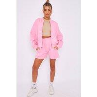 STYLEWISE Women's Fleece Zip Bomber - Oversized Fit - Shorts Co-ord in Pink | Size: Large