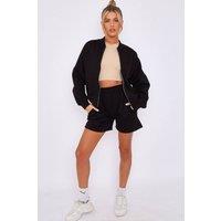 STYLEWISE Women's Fleece Zip Bomber - Oversized Fit - Shorts Co-ord in Black | Size: Medium