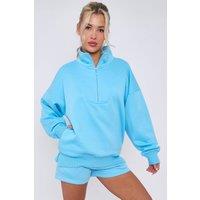 STYLEWISE Women's Fleece Half Zip Top & Shorts - Oversized - Co-ord Set in Blue | Size: Medium/Large