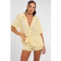 STYLEWISE Women's Stripe Crochet Knit Button Cardigan Top & Micro Shorts Co-ord in Yellow | Size: Large