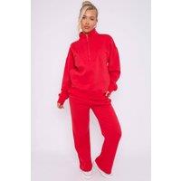 STYLEWISE Women's Fleece Half Zip Top - Wide Leg Jogger - Co-ord Set in Red | Size: S/M