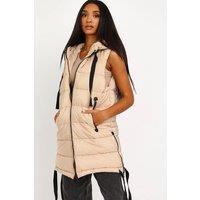 STYLEWISE Women's D-Ring Tape Detail - Longline Padded - Hooded Gilet in Stone | Size: Small