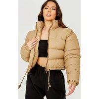 STYLEWISE Women's Drawstring Detail - Cropped Fit - Puffer Jacket in Stone | Size: Medium