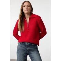 WOVCOR Women's Zip Collar Rib Knit Sweat Jumper in Red | Size: Large