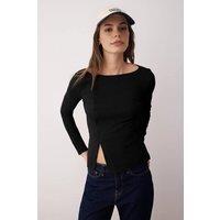 WOVCOR Women's Button Detail Crew Neck Ribbed Stretch Knit Blouse in Black | Size: XL