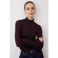 WOVCOR Women's Sheer Stand Collar Stretch Knit Long Sleeve Blouse in Brown | Size: Small