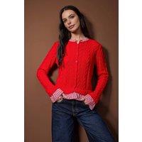 WOVCOR Women's Contrast Collar Cable Knit Button Through Cardigan in Red | Size: Large