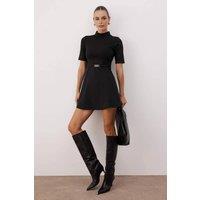 WOVCOR Women's High Neck Belt Detail Skater Mini Knit Dress in Black | Size: Small